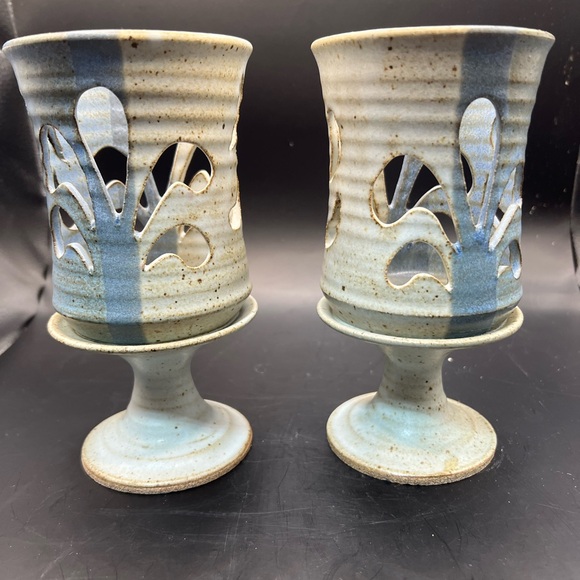 2 MCM Studio Art Pottery Candle Holder Cut Out Pedestal Blue Set Of 2 signed - Picture 3 of 11